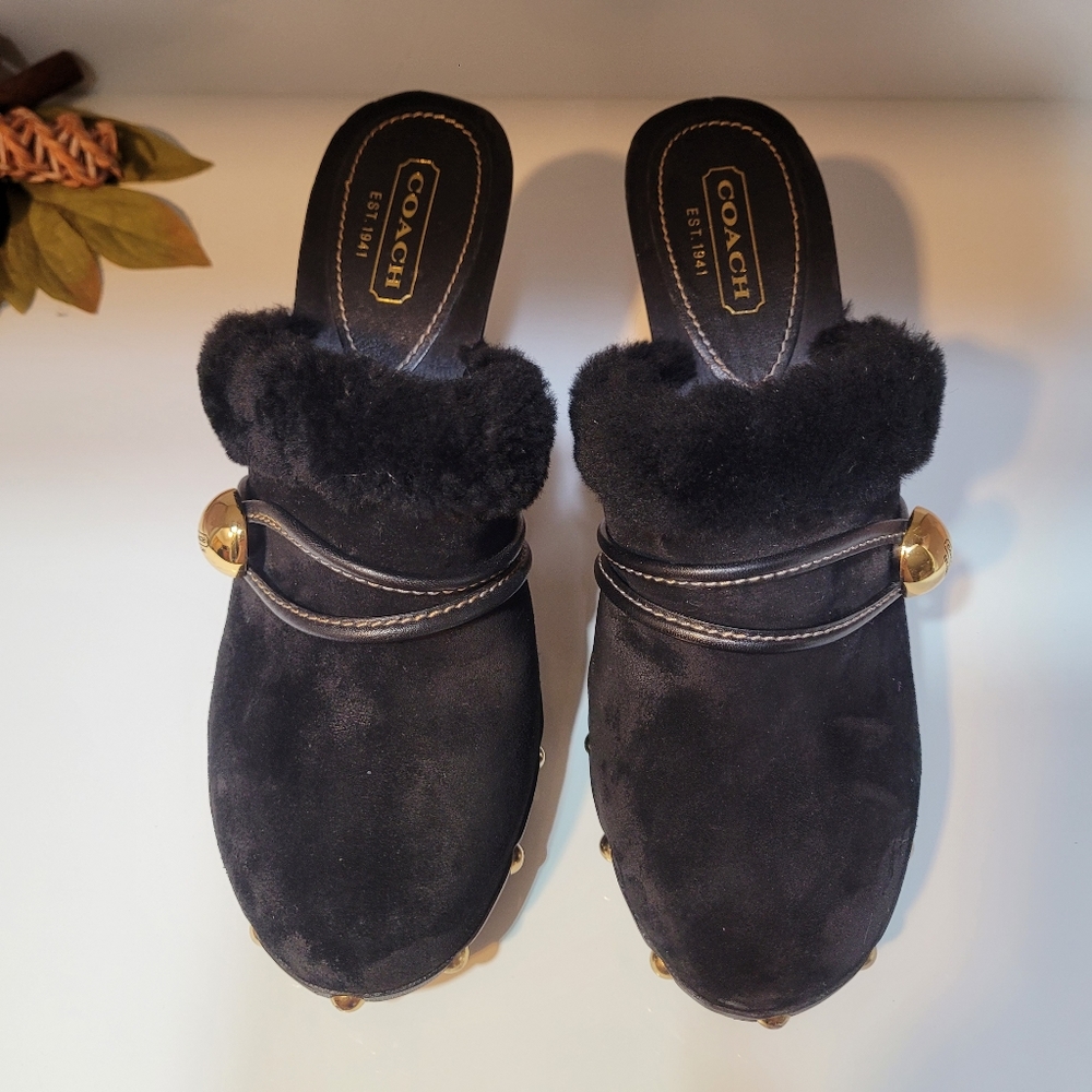 Coach Ivanka Suede Fur-Trimmed Clog Mule Heels In Black - Picture 4 of 7